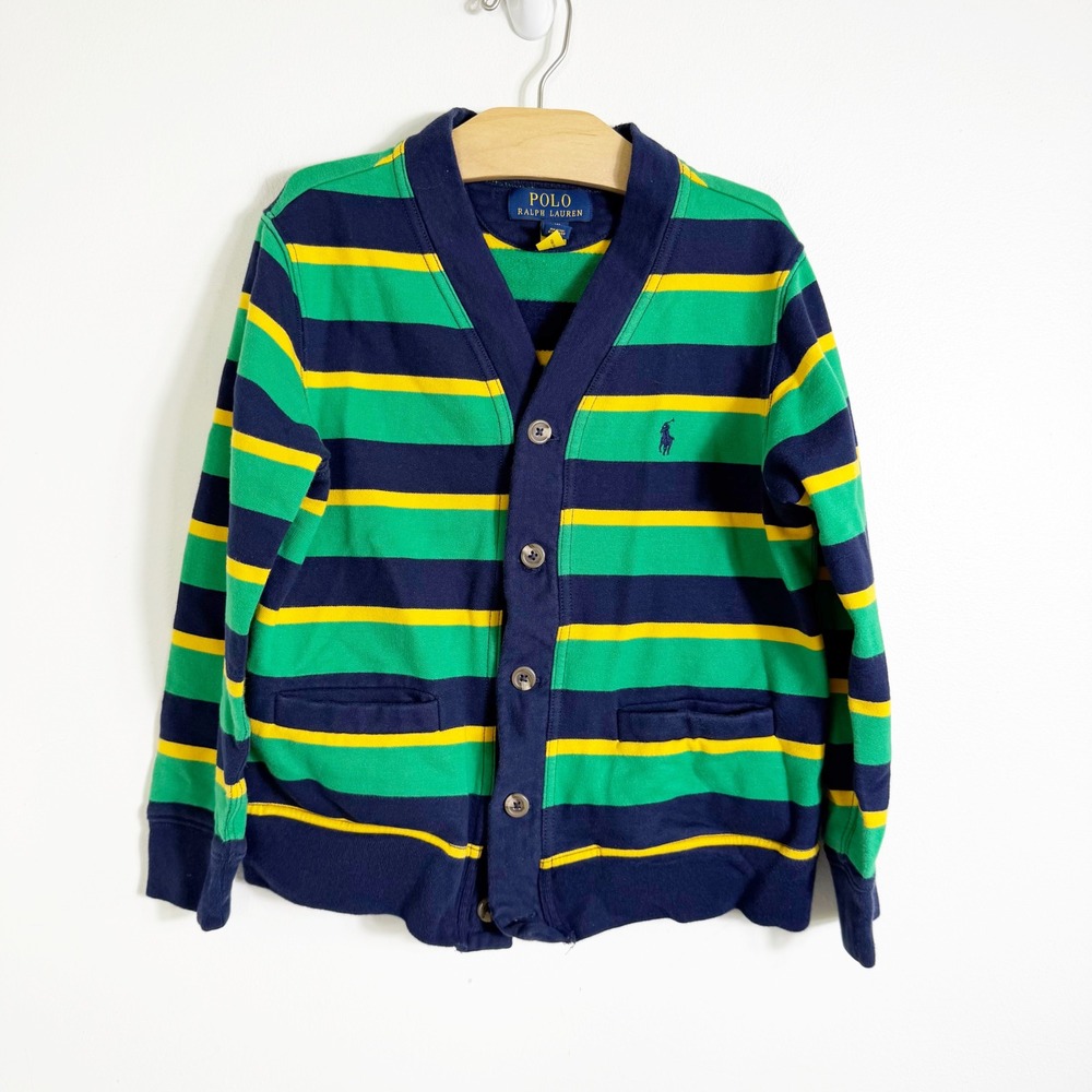 Polo Ralph Lauren Cardigan Boys Size Small 8 Green Navy Blue Yellow Striped Pony